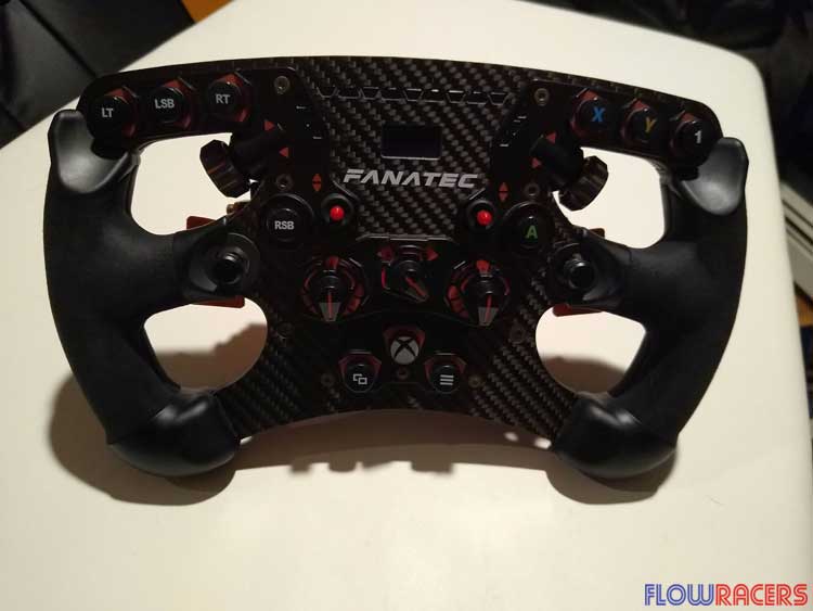 Fanatec ClubSport Formula V2.5 X sim racing wheel rim for Xbox showing all the buttons and switches on the front. 