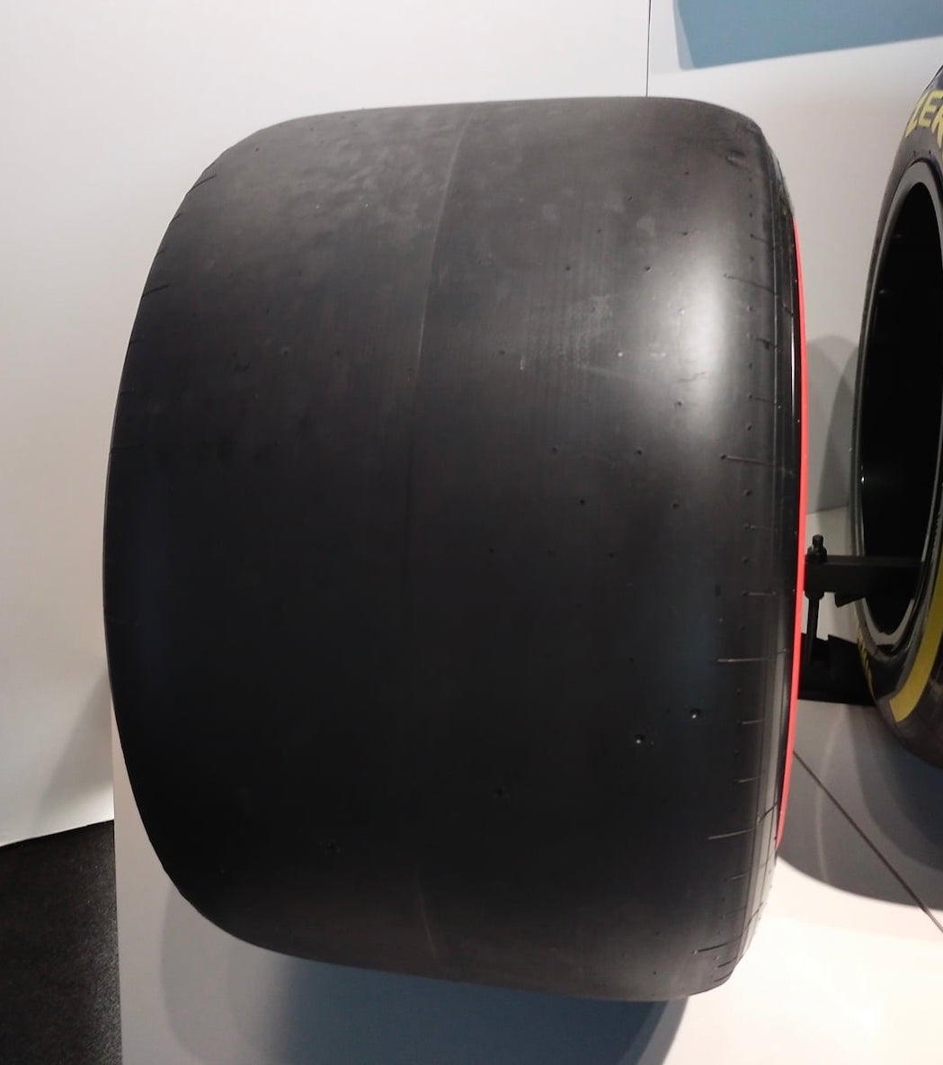 F1 slick soft tire showing the lack of any tread patterns.