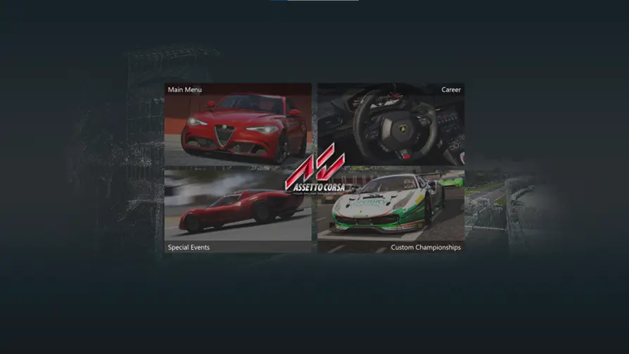 Assetto Corsa game menu screen on PC showing the main menu, career mode, special events and custom championships.