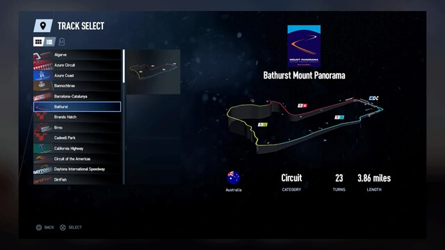 Project Cars 2 menu screen showing the track selection, with Bathurst Mount Panorama selected, showing a map of the track.