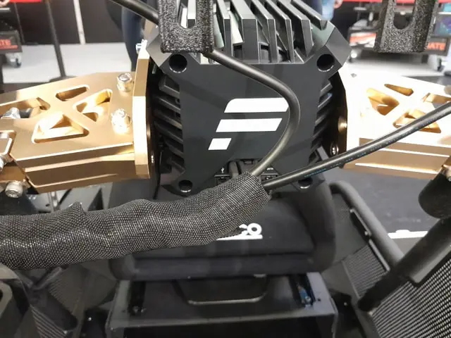 Rear of the Fanatec CSL DD direct drive sim racing wheel base mounted using Podium brackets.