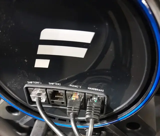 Rear of the Fanatec Gran Turismo DD Pro sim racing wheel base showing the different connections.