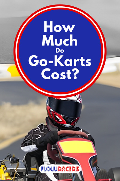 Black, red and yellow racing go-kart on a track with hills in the background, driver wearing a black and white racing suit and a black, white and red helmet, How Much Do Go-Karts Cost?