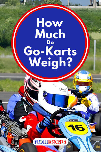 6 racing go-karts going around a corner on an outdoor karting track, with red and white kerbs on the inside of the corner, How Much Do Go-Karts Weigh?