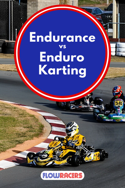 4 people racing go-karts on a track around a corner with red and white kerbs at the side of the track and tire barriers in the background, Endurance vs Enduro Karting