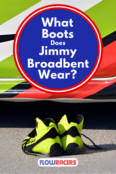 A pair of bright green and black car racing boots on a track surface with a red, green, black and white section of a car behind them, What Boots Does Jimmy Broadbent Wear?