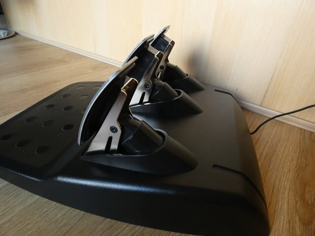 Side view of the Logitech G29 sim racing pedals.