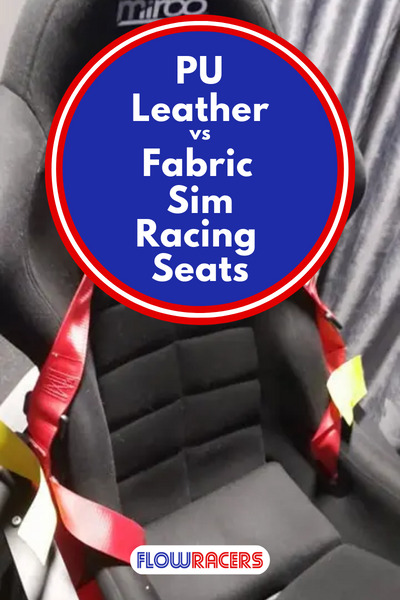 A black fabric Mirco RTS sim racing seat with red seatbelts attached at the sides, PU Leather vs Fabric Sim Racing Seats