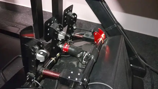 View of the back of the Fanatec ClubSport V3 pedals mounted to a sim racing rig.