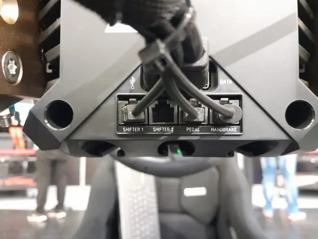 Back of the Fanatec CSL DD wheel base showing the ports.