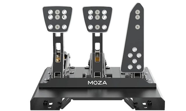 Front view of the MOZA CRP sim racing pedals. 