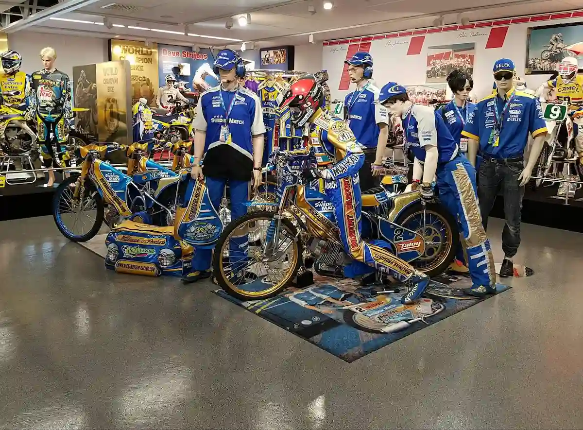 Swedish motorsport museum showing speedway racing bikes.