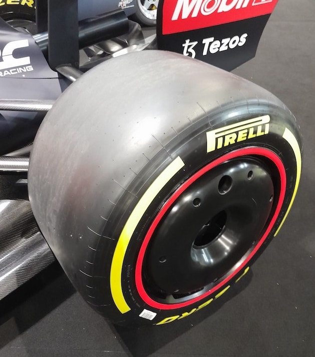 Medium Formula 1 tire on a Red Bull show car.