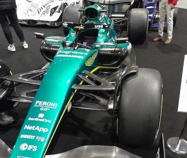 Aston Martin F1 car showing the scale of the tires.