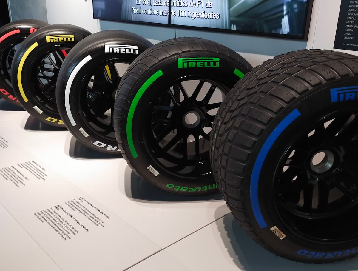 Pirelli F1 tires, with soft, medium, hard, intermediate and extreme wet all lined up.